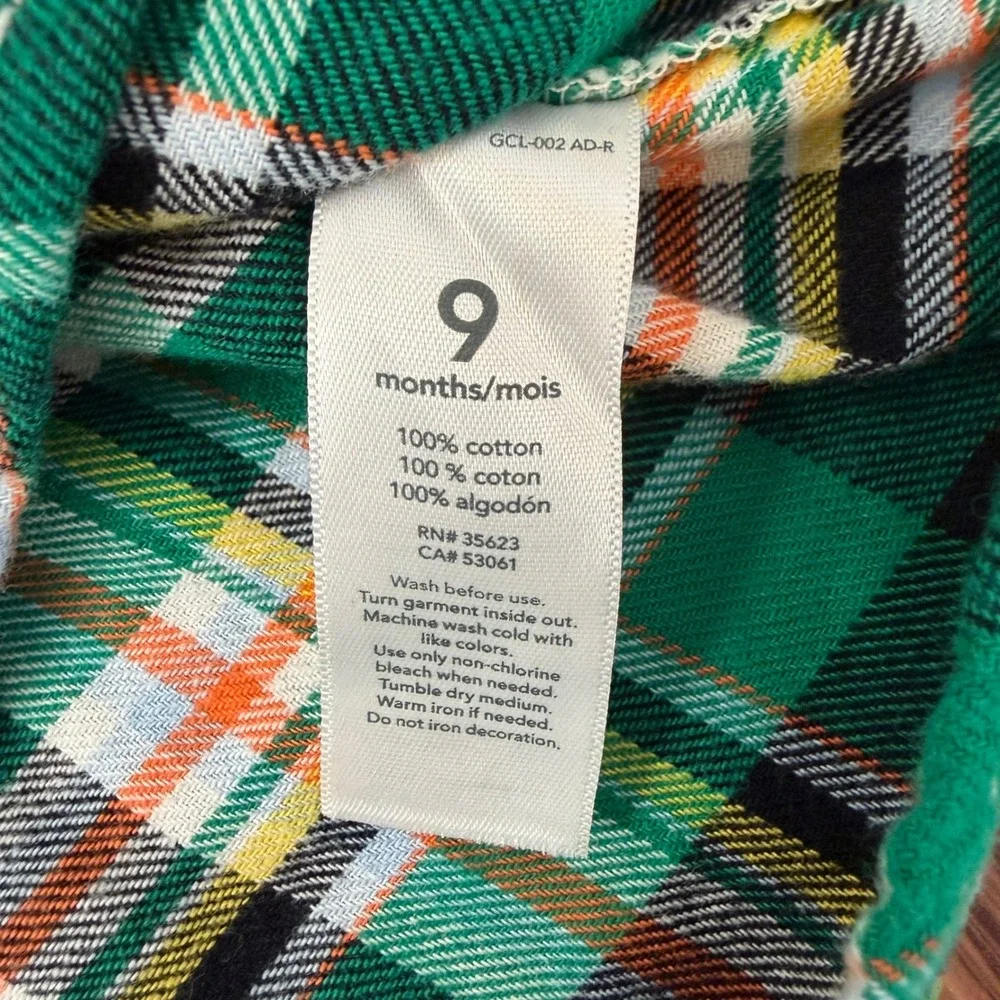Carters Baby Green Plaid Flannel Button Down‎ Shirt 9 Months